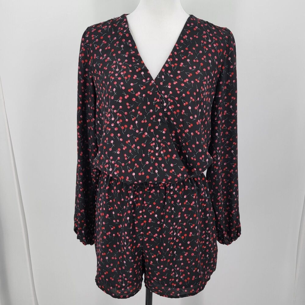 Finn & Grace Romper Womens Medium Cherry Print Longsleeve V Neck Short